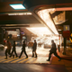 Pedestrians walk across the street in Night City in Cyberpunk 2077.